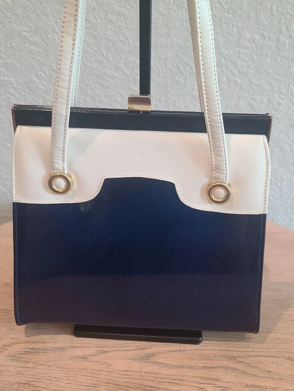 Vtg 1960s Navy & White Patent Color Block Structured Top Handle Handbag Mod Box